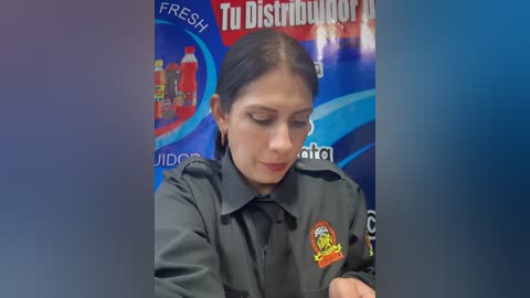 Video of a woman in a dark uniform, with a serious expression, standing in front of a colorful promotional banner for \"Tu Distribuidor Fresh.\