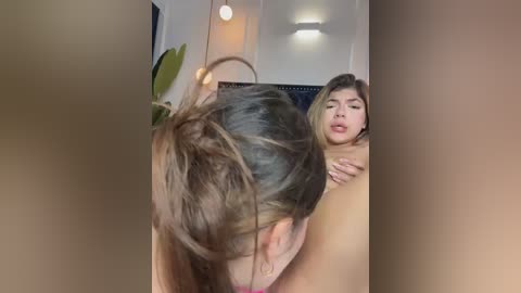 A video shows a nude woman with medium breasts, light skin, and long brown hair, leaning forward, with another woman's face in the reflection of a mirror. The background features a modern room with a potted plant and a light fixture.