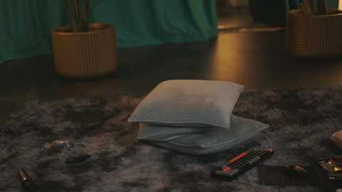 A dimly lit video shows a cozy, dark room with a plush gray rug. Two white pillows lie on a gray blanket. A TV remote and a small, glowing light are visible.