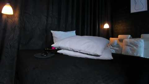 A video of a dimly lit bedroom with black walls, a black bed, white pillows, and two white lampshades on either side.