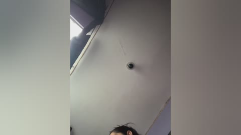 Video of a ceiling with a small, black hole, likely a bullet hole, centered on a beige wall. The image captures the top of a person's head, with dark hair visible, and a partially visible window in the background.
