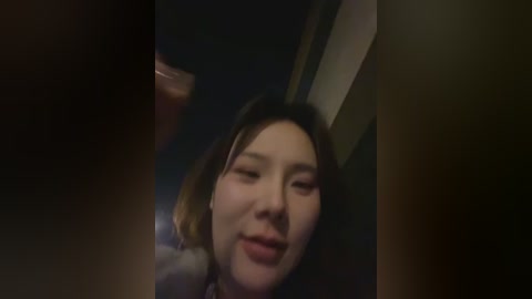 A dimly-lit video of a young woman with a wide, cheerful smile, her face slightly blurred. She has light skin and shoulder-length brown hair. The background is dark and indistinct.