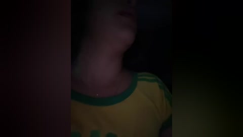 A dimly lit video of a woman's face and upper body, wearing a yellow T-shirt with green trim, partially obscured by shadow. Her skin tone is light, and she has dark hair. The background is indistinct.