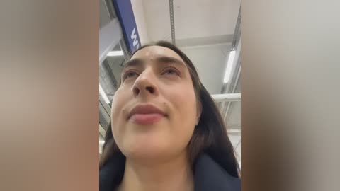 Video of a young woman with long brown hair, fair skin, and light pink lipstick, looking up, taken from a low angle, inside a train with bright fluorescent lighting.