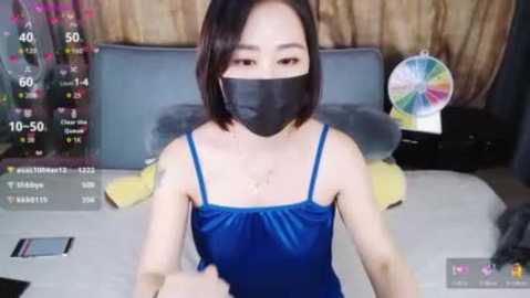 A video of an East Asian woman with straight black hair, wearing a blue satin camisole and black face mask, sitting on a bed with a colorful wheel on the nightstand.