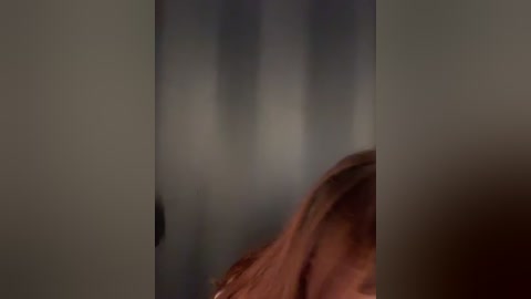 Video of a partially obscured person with shoulder-length, brown hair, seen from behind, standing in a dimly lit room. The background is out of focus, featuring muted colors.