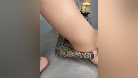 Video of a nude person with light skin, tattoos on their forearm, kneeling on a grey carpet in a dimly lit room with a lamp and potted plants in the background.