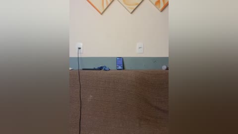 A video of a beige curtain partially covering a light blue wall with two white outlets and a blue smartphone charging. A painting with orange and yellow hues is partially visible above.