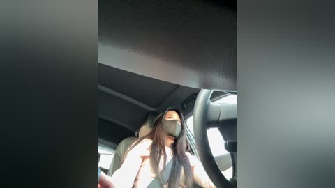 A video of a young woman with long, straight, dark brown hair, wearing a tank top, driving a car. She is seen from the passenger seat, with sunlight streaming in, casting shadows.