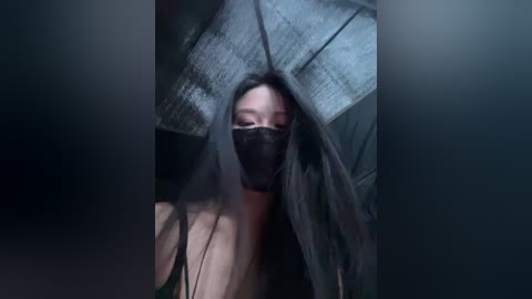 A close-up video of a woman with long black hair, wearing a black face mask, partially obscured by a large, textured, grey umbrella. The background is dark and indistinct, adding a mysterious and somewhat eerie atmosphere.