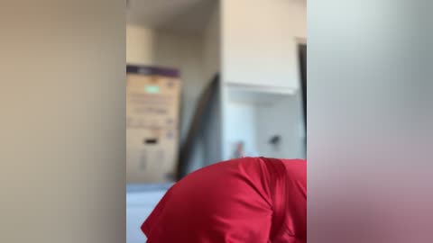 Video of a person in a red shirt, partially obscured by a white wall, with a blurred background featuring a white door and a bookshelf.