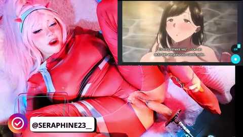 Video collage of a pink-haired, pale-skinned woman in a red bodysuit, blurred in the background, with a black-haired, pale-skinned woman in a bathtub, both with a video overlay.