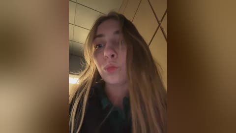 Video of a young woman with long, straight brown hair, wearing a green plaid shirt, standing indoors with a beige tiled ceiling. She has a neutral expression.