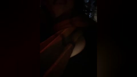 A dimly lit, grainy video of a woman with curly hair, wearing a black top, holding a red, furry object. Her face is partially obscured by shadows.