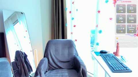 Video of a modern bedroom with a gray recliner chair, a black keyboard on a desk, and a pink dildo, with a large mirror reflecting part of the room.