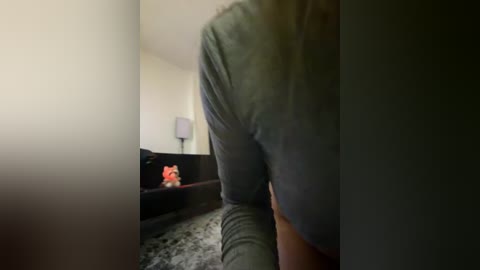 A video of a person's back, wearing a grey long-sleeve shirt, standing in a dimly lit room with a black sofa, a fluffy orange toy, and a white lamp on a table.