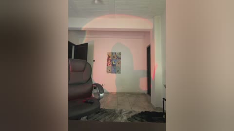 Video of a dimly lit, sparse room with a black leather chair, a small rug, and a colorful abstract painting on the wall, creating a shadow effect.