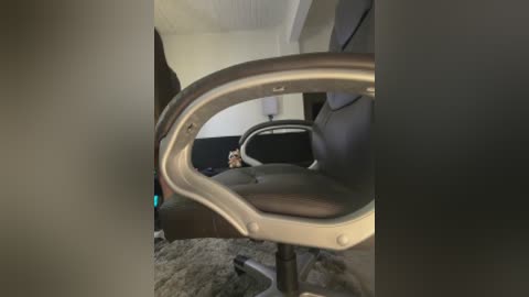 Video of a person sitting in a modern office chair, viewed through a sleek, curved metal armrest. The background includes a carpeted floor and partially visible desk with a green item.