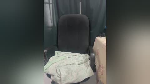 Video of a dark green room with a black office chair, a light green blanket draped over the back, and a beige cloth with floral patterns on the right.