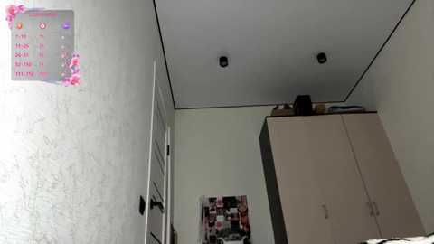 Video of a narrow, well-lit hallway with a white wall, a pink flowered sign, and a beige cabinet with a small TV on top.