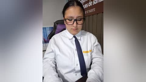 Video of a woman with dark hair in a bun, wearing glasses, a white shirt, and a dark tie, seated at a desk, with a bookshelf and office sign in the background.