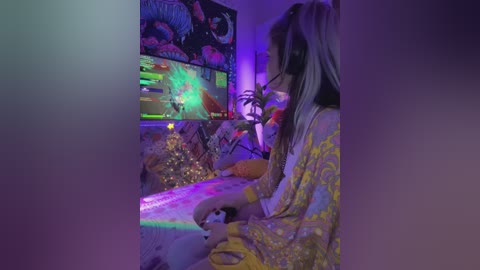 Video of a young woman with long, blonde hair and glasses, playing a video game in a colorful, neon-lit room filled with plush toys and decorative lights.