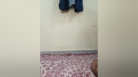 Video of a plain, off-white wall with a faded, rectangular patch. A pair of blue jeans hangs from a hook near the top, and a red and white patterned bedspread covers a bed in the lower half of the image.