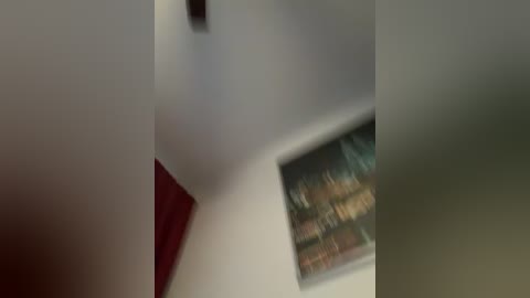 Video of a blurred interior space featuring a white ceiling, a red curtain, and a partially visible abstract painting on a wall. The image is slightly out of focus.