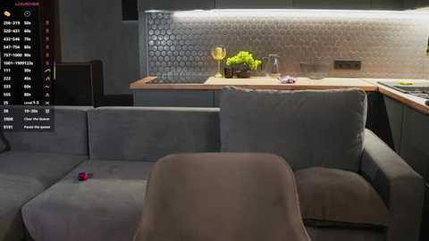 Video of a modern, minimalist living room with grey sectional sofa, wooden kitchen counter, hexagonal backsplash, and a glass vase with green leaves.