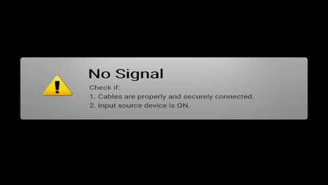 A digital image displaying a warning message on a gray background with a black border. The text reads, \"No Signal! Check if cables are properly and securely connected. 2. Input source device in ON.\