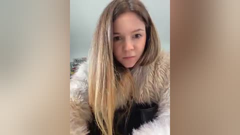 Video of a young Caucasian woman with long, blonde hair, wearing a fur-trimmed jacket, looking serious. Background blurred, focus on her face.