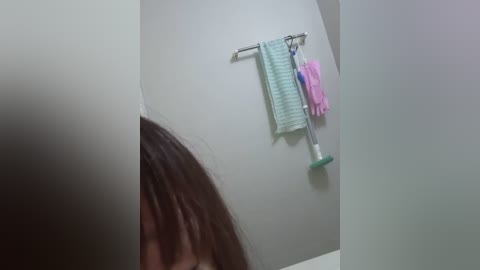 Video of a bathroom with a white wall, a towel rack holding two towels, and a person's hair visible in the foreground.
