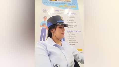 A video of a Latina woman in a white uniform with a black helmet, wearing headphones, standing in a store. The background shows product details in Spanish.