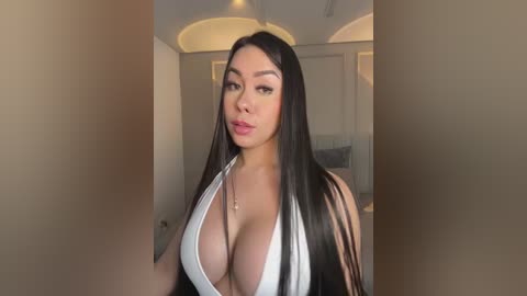 Video of a young woman with long black hair, fair skin, and large breasts in a revealing white halter top, standing in a dimly lit, modern room with beige walls and arched ceilings.