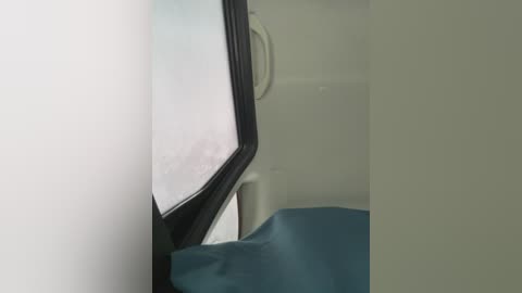 Video of a small, dark blue pillow on a white bed, partially visible through a large, black-framed window in a bright, minimalist room.