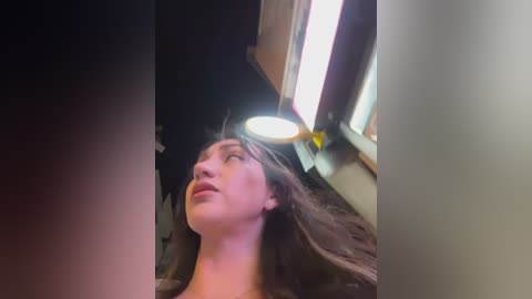 A video of a young woman with long brown hair, wearing a white shirt, looking upward at a bright light bulb in a wooden-framed window. The room is dimly lit, creating a shadowy background.