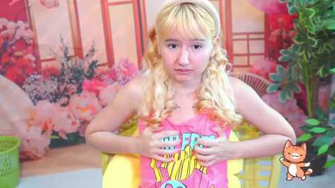 Video of a blonde girl in a yellow tank top, holding a Nintendo Switch, with a colorful, anime-style backdrop featuring flowers and windows.