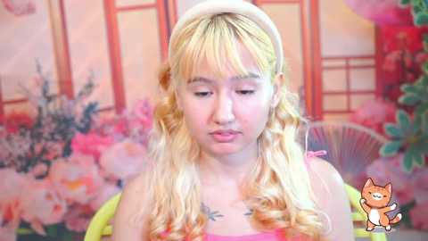 Video of a young woman with long, wavy blonde hair and a white hat, wearing a pink top, standing in a room with floral wallpaper and a cat figurine.