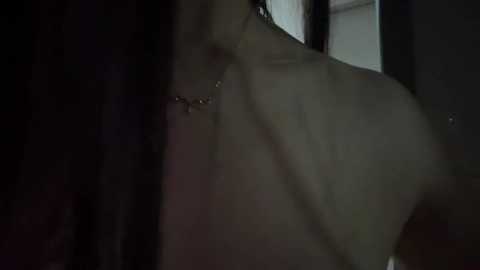 A dimly lit video captures a partially visible, shirtless man with pale skin, likely Caucasian, wearing a gold chain necklace. The background is dark and indistinct.