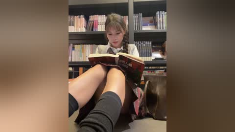 Video of a young Asian girl with braided hair, wearing a school uniform, sitting in a library, reading a book.