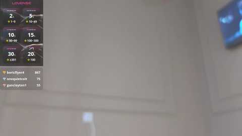 Video of a dimly lit room with a television displaying a weather forecast. The room's walls are beige with a blue lamp in the upper right corner. The weather display shows a temperature of 30\u00b0C and a forecast for rain.