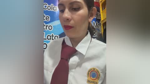 Video of a woman in a white shirt and maroon tie, with a badge on the left sleeve, against a blurred background.