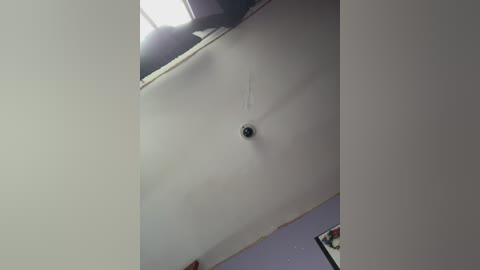 A video of a ceiling with a small hole, likely a gunshot, emitting smoke. The room has white walls and a light fixture.