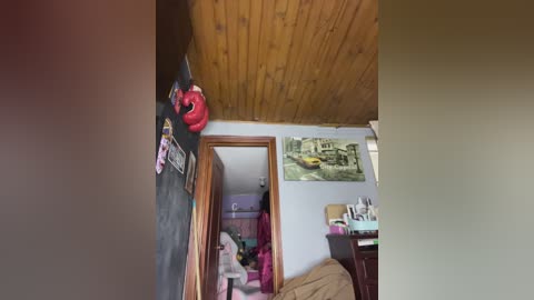 Video of a cluttered, cozy bedroom with a wooden ceiling, a large mirror, a colorful toy car, and a framed cityscape painting on the wall.