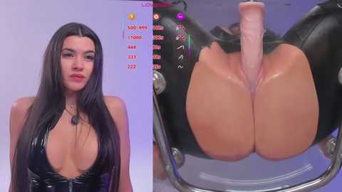 Video of a woman with long black hair, wearing a black latex dress, in a BDSM setup, with a dildo inserted into her anus.