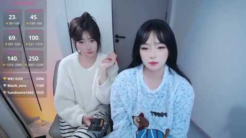 Media: Video of two young East Asian women in a room. One wears a white sweater, the other a blue pajama with cartoon characters. A temperature display shows 23\u00b0C.