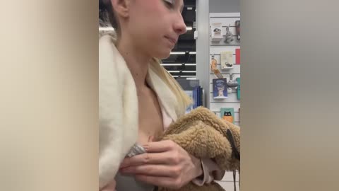 Video of a woman with light skin, brown hair in a ponytail, wearing a beige towel and a pink bra, holding a stuffed teddy bear. Background features a pharmacy with shelves of products.