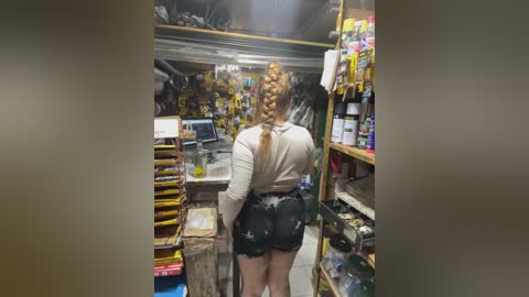 Video of a young woman with long, blonde braided hair, wearing a white top and dark shorts, standing in a cluttered, dimly lit store filled with shelves and boxes.