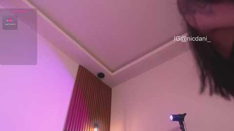 Video of a woman's face, partially obscured by a ceiling light. Background features a colorful wall with vertical stripes, a small speaker, and a blurred lamp.