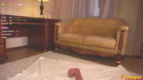 Video of a living room with a beige sofa, wooden side table, and a white carpet. A person, partially visible, lies on the carpet.